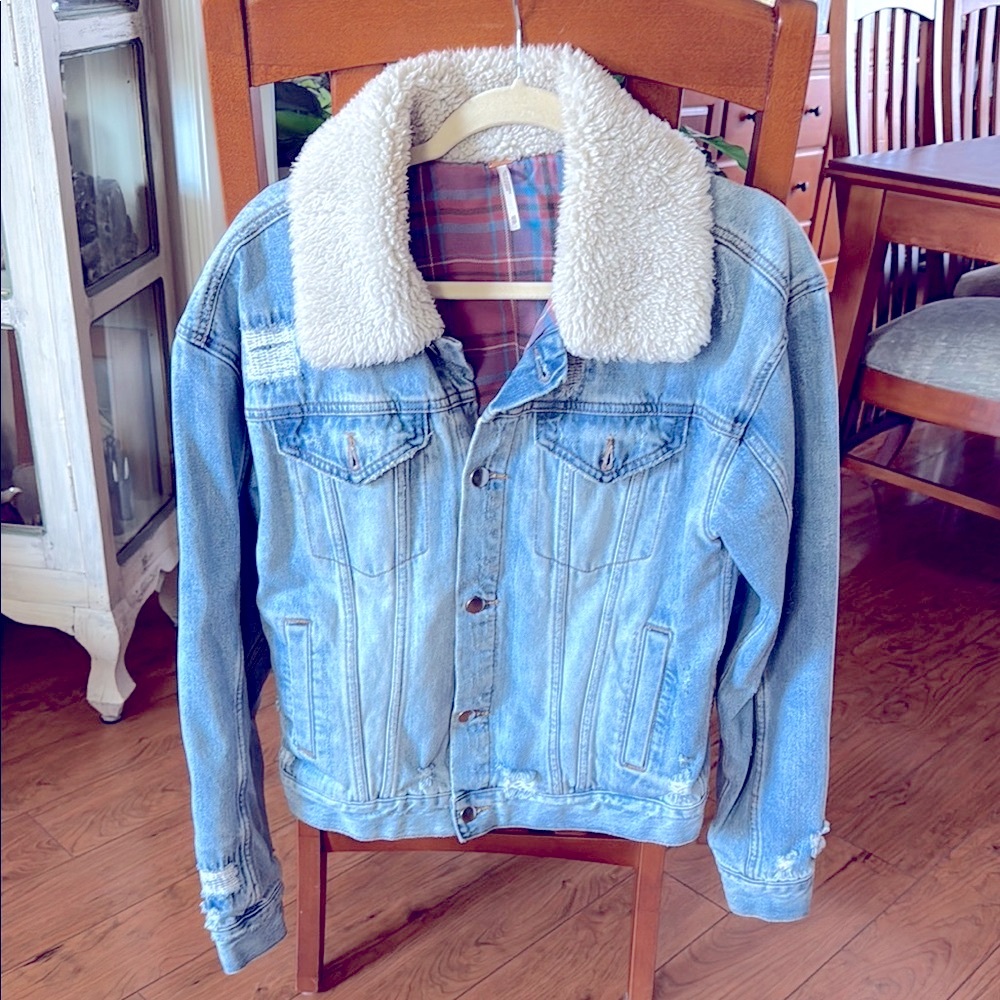 Free People denim jacket with sherpa collar